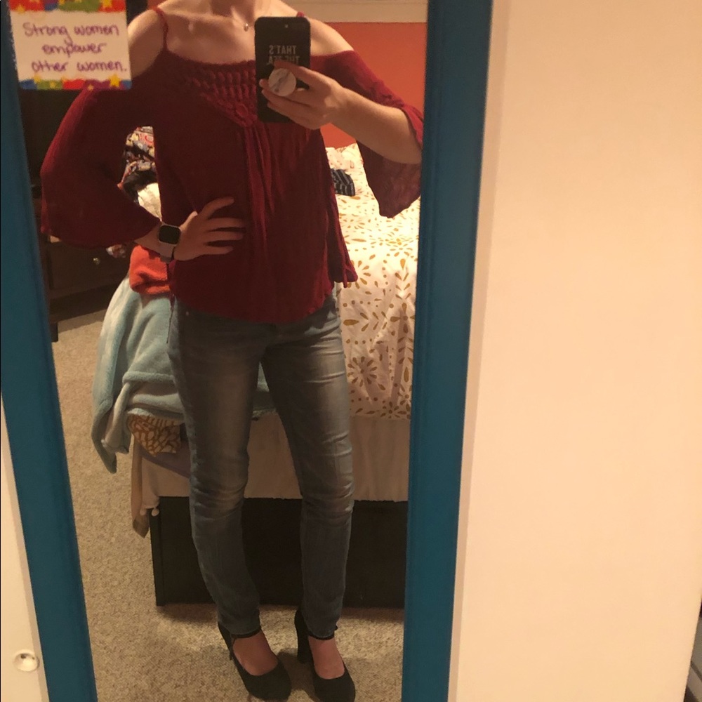 Red cold-shoulder top